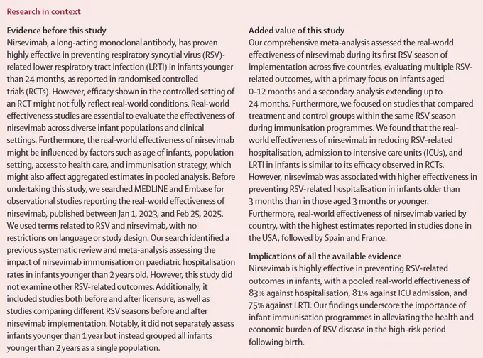 Research in context panel from Real-world effectiveness of nirsevimab against respiratory syncytial virus disease in infants: a systematic review and meta-analysis. Copyright: 2025 Elsevier Ltd. All rights reserved.