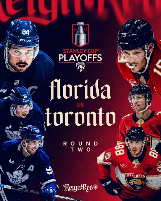 Round Two Matchup Graphic 

There is a black to red gradient background. At the top is the Stanley Cup Playoffs 2025 logo. Below that in a beige font is “FLORIDA VS TORONTO” and “ROUND TWO” 

On the right side are cutouts of Matthew Tkachuk, Carter Verhaeghe, and Nate Schmidt. All of them are in red home jerseys. 

On the left side are cutouts of Auston Matthews, Mitch Marner, and John Tavares in blue Leafs jerseys.
