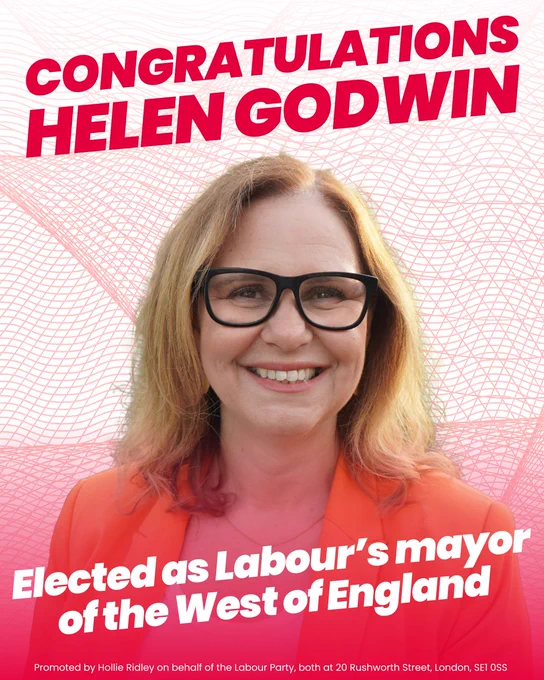 Graphic with picture of Helen Godwin. Above in red text, it reads: “Congratulations Helen Godwin” Below, in white text, it reads: “Elected as Labour’s mayor of the West of England”