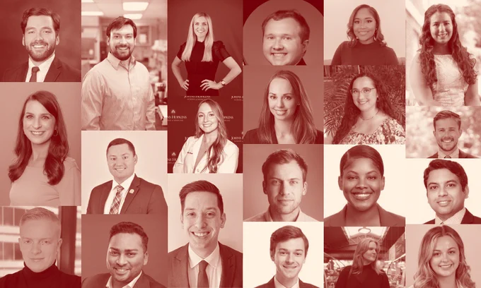 Collage of professional headshots of diverse individuals, featuring a mix of expressions and attire, presented in a Garnet monochromatic filter.