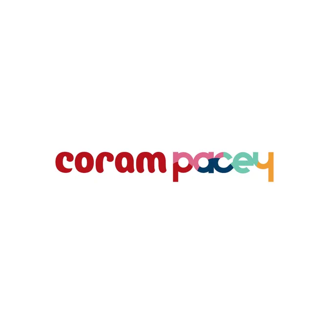 The new Coram Pacey logo, which is Coram's signature red logo and Pacey's multicoloured logo, side by side. The logo sits on a white background.