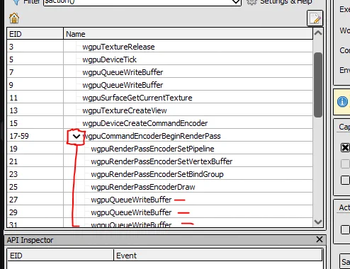 WebGPU events in RenderDoc, with nesting of what happens between BeginRenderPass and RenderPassEnd
