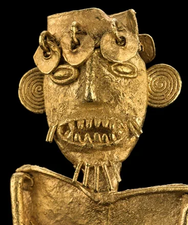 Detail of a Muisca gold figurine (Colombia) made by the lost wax technique, showing a human with feline features. (c) Museo del Oro, Banco de la Republica, Colombia.