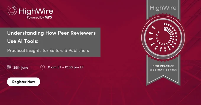 Poster of HighWire's next webinar on the topic: Understanding how peer reviewers use artificial intelligence (AI) tools