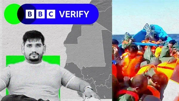 A BBC promo image showing Fadi Gujjar and the boat which got lost at sea off the coast of West Africa. The images are superimposed over an image of Mauritania on a map.