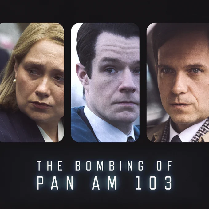 Artwork for new factual drama series: The Bombing of Pan Am 103. Featuring the title of the show and pictures of three of the lead actors. 