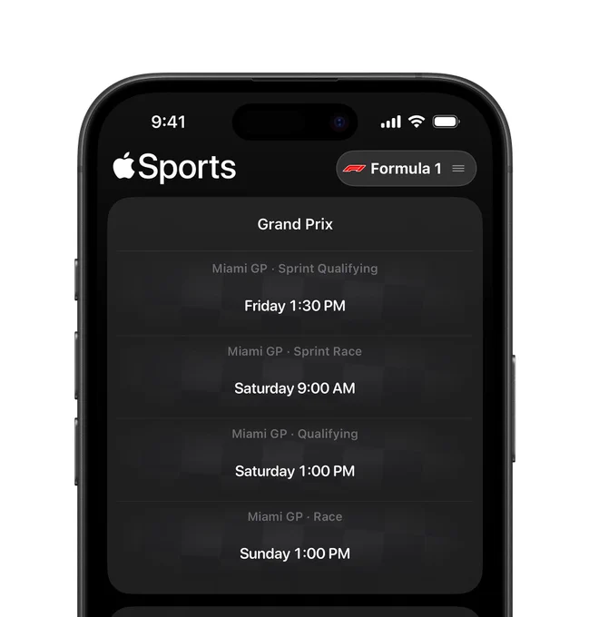The Apple Sports app on iPhone shows the schedule for Formula 1’s Miami Grand Prix: on Friday, May 2 the Sprint Qualifying is at 1:30 PM, on Saturday, May 3 the Sprint Race is at 9 AM and Qualifying is at 1 PM, and on Sunday, May 4 the Race is at 1 PM.