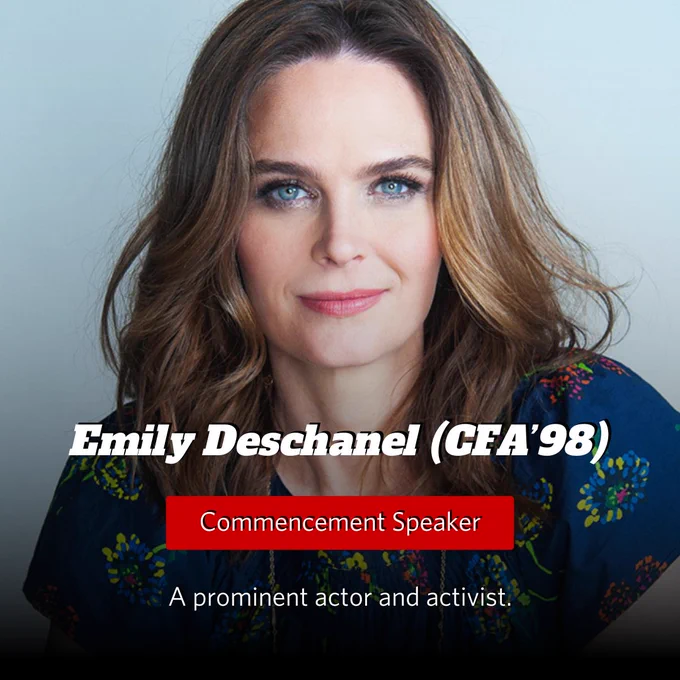 A woman with long, wavy brown hair is shown against a light blue background. Her face is blurred out. She is wearing a dark blue top with floral patterns. The text on the image reads: "Emily Deschanel (CFA'98) Commencement Speaker A prominent actor and activist."
