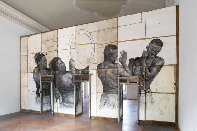 Sliding door mural of four figures 