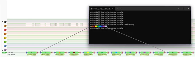 Screenshot of PulseView with some bytes decoded and compared to the output of pysim-shell.