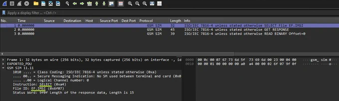 Screenshot if Wireshark showing a "gsm sim" packet sent between a modem and a sim card.