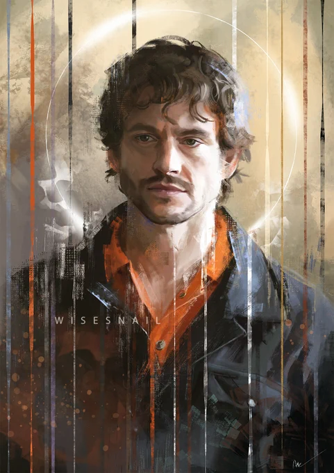Digital portrait of Hugh Dancy as Wil Graham. He is wearing an orange and blue prisoner jumpsuit, and is looking straight ahead. A white halo surrounds his head.