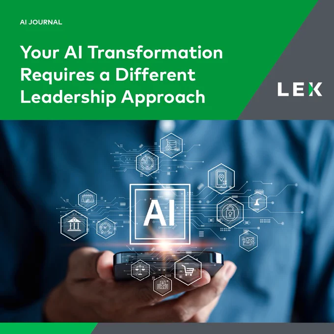 Promotion for AI Journal article featuring an individual holding a smartphone displaying AI and technology graphics, with text 'Your AI Transformation Requires a Different Leadership Approach - LEK'.