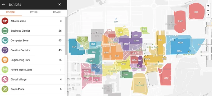 Map of college campus with buildings that are color coded to different spaces and themes. 