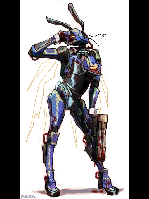digital drawing of V1 from ULTRAKILL posing flirtatiously wearing a classic Playboy bunny suit, albeit with one of the chest pads loose. it's covered in blood, smearing some across its face, its other hand holding a shotgun. the background is white, and the drawing is in colorful painted tones.