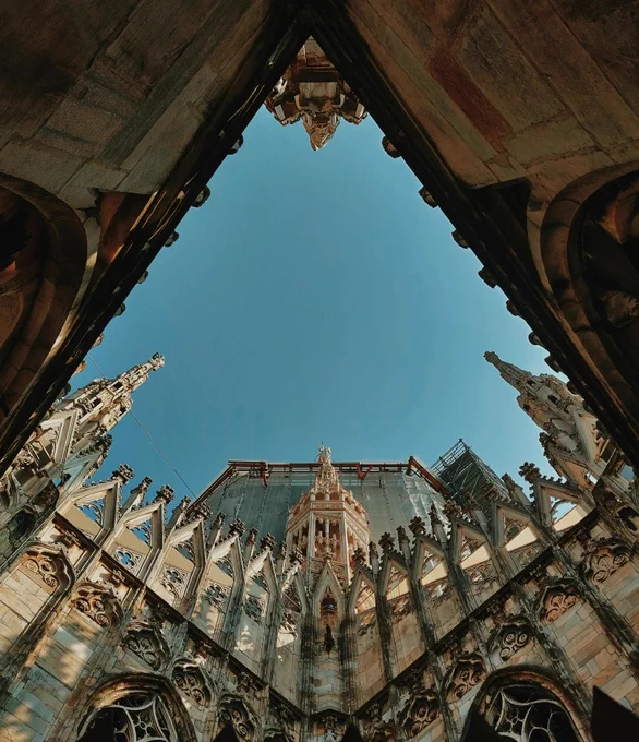 Low angle view of a gothic cathedral's exterior with intricate architectural details and a clear sky backdrop.