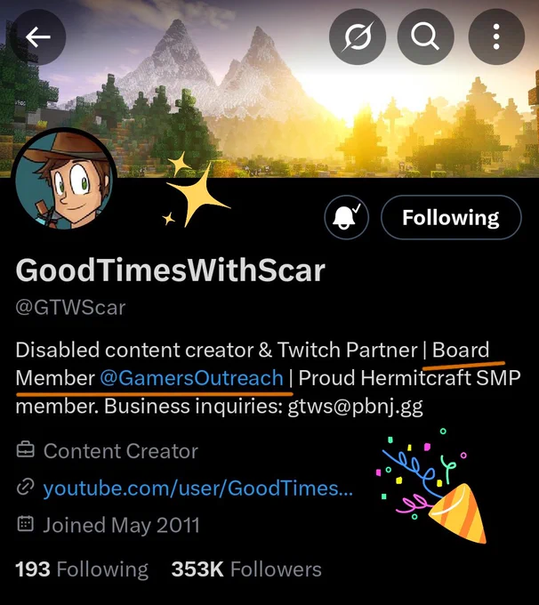 Screenshot of GoodTimesWithScar's Twitter (X) bio. It has been updated with Scar becoming a board member for the charity Gamers Outreach.