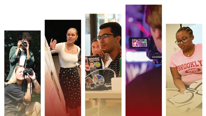 Collage of five diverse individuals engaged in various activities: one using a camera, another speaking at a podium, a third at a conference desk, a fourth focused on a computer screen, and a fifth working with electronic equipment.