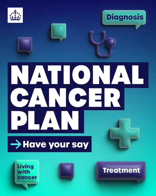 National cancer plan. Have your say. A graphic featuring text and icons including speech bubbles with the words diagnosis, treatment and living with cancer.