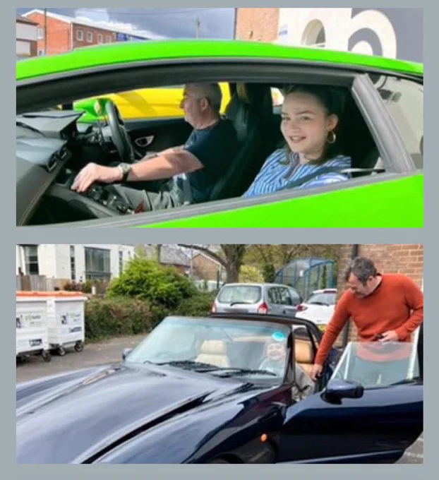 Two photographs. The first photograph is of a young person sat in the passenger front seat of a stationary, bright green Lamborghini Huracan sports car. They are smiling at the camera through the open window. In the driving seat is a member of the Sporting Bears. Second photograph is of a young person sat in the passenger front seat of a stationary black sports car. A member of the Sporting Bears is holding the car door open for them.