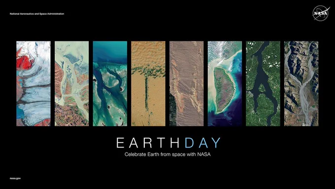 “Earth Day” is spelled out by satellite views of Earth features in the middle of the image. The “letters” are colorful, represented by views of water and land in shades of blue, brown, green, and even red. Underneath are the words “Earth Day” and “Celebrate Earth from space with NASA.” The “day” is written in a vibrant blue, while the rest of the words are white. The background of the poster is black. “National Aeronautics and Space Administration” is written at top left, “nasa.gov” is written at bottom left, and the NASA “meatball” logo appears at top right in black and white. Credit: NASA/USGS