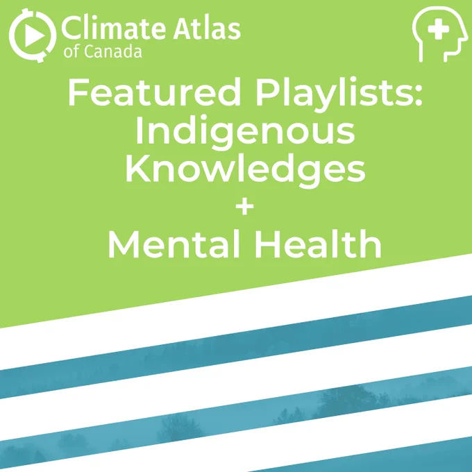 “Featured Playlists: Indigenous Knowledges   Mental Health” The Climate Atlas of Canada logo is in one corner, and the Agriculture logo is in the other. This text is on a green background, with a white and blue striped overlay at the bottom.