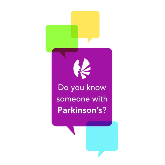 3 colored quote bubbles in yellow, green and blue surround a large maroon quote bubble with the Parkinson's Voice Project logo centered in it. Type reads, do you know someone with Parkinson's?