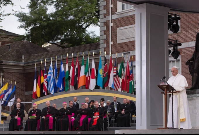 Pope Francis speaking outside of Independence Hall during his visit to Philadelphia in 2015.