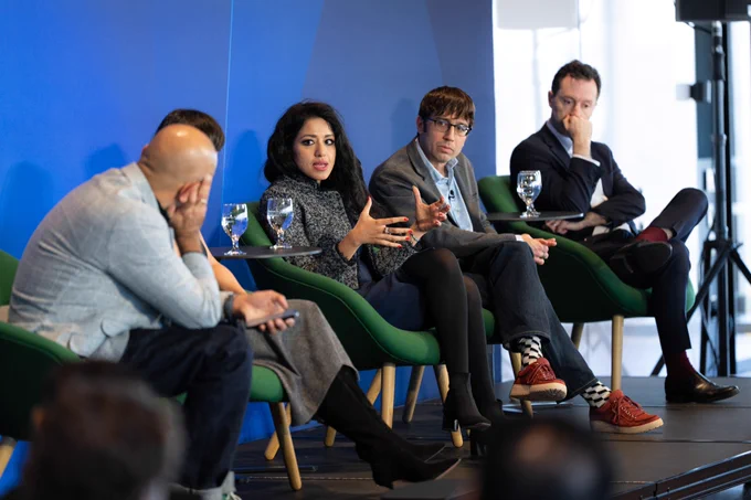 Panel discussion on Challenges: From Data to Models with Karim Lakhani, Flagship Pioneering & Harvard University; Nina Achadjian, Index Ventures; Olivier Elemento, Weill Cornell Medicine; Seth Hain, Epic; Najat Khan, Recursion