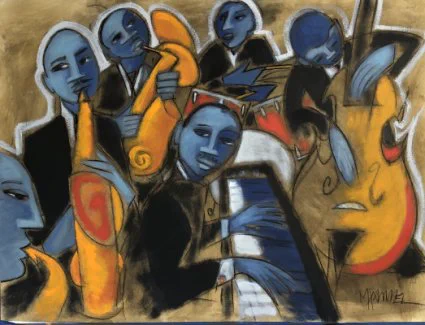 Symbolist impressions of a jazz band in shades of soft blue and yellow.