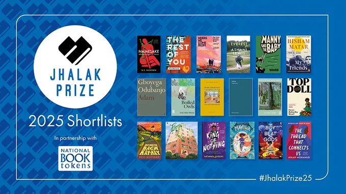 Graphic with blue background and logos and information on the left with covers of books shortlisted for Jhalak Poetry, Prose and Children's & Young Adult awards 2025. Link to shortlists in our bio
