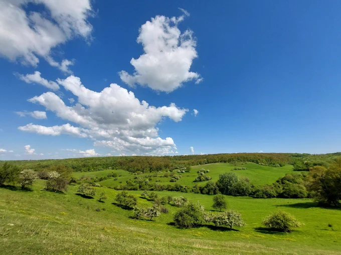 A view of Kišelez meadow, idyllic green rolling meadow with clouds on the left side.