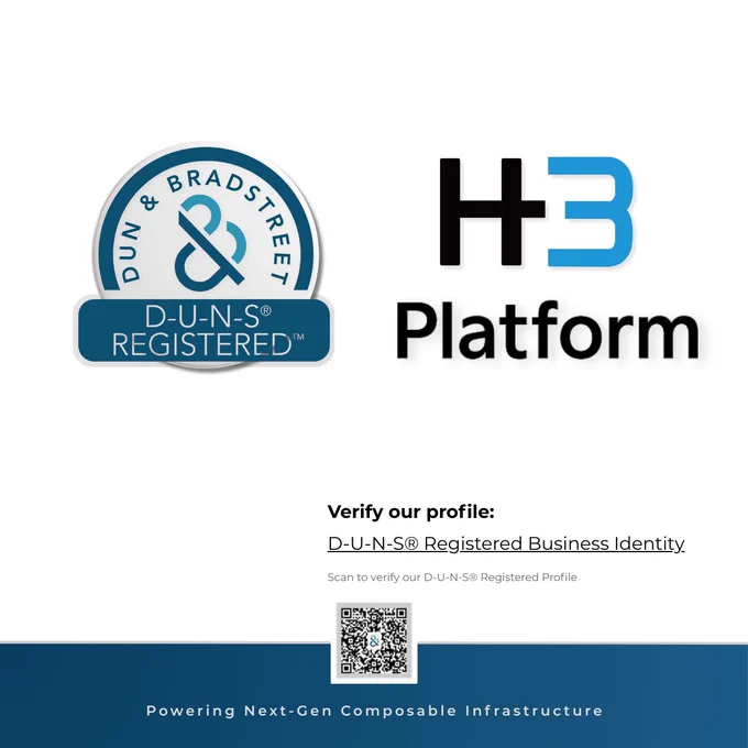 H3 Platform D-U-N-S® Registered Business Identity verification graphic featuring the Dun & Bradstreet logo, H3 Platform logo, and QR code for profile verification. Tagline at the bottom reads “Powering Next-Gen Composable Infrastructure.”