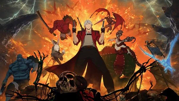 dante surrounded by fire and explosions