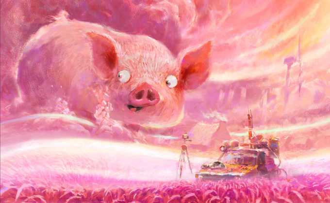 A work in progress painting of a giant pig behind undulating thick grassy meadows. There's a tech-ladden car in the foreground and a camera on a tripod pointed to the pig.