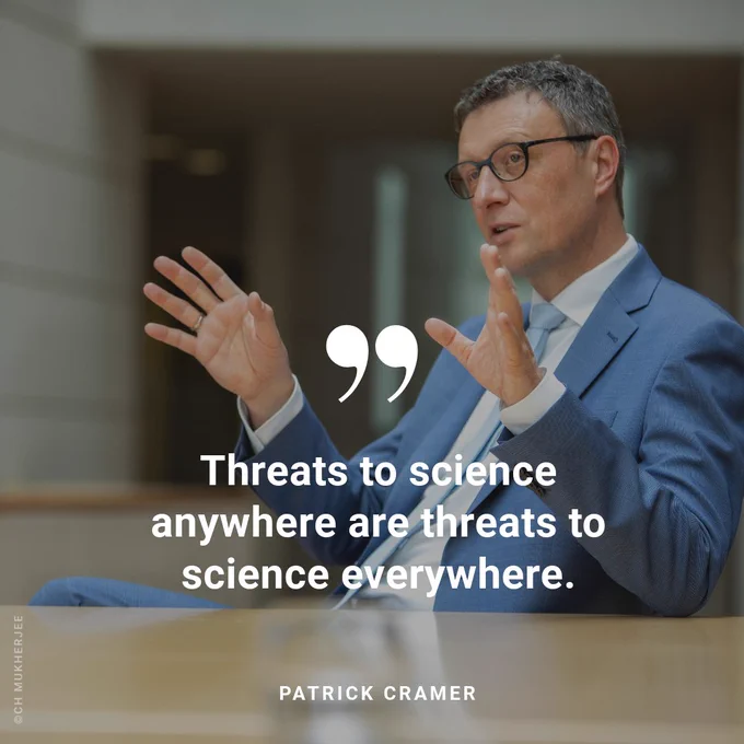 A photo of Max Planck President Patrick Cramer, with the words "Threats to science anywhwere are threats to science everywhere."