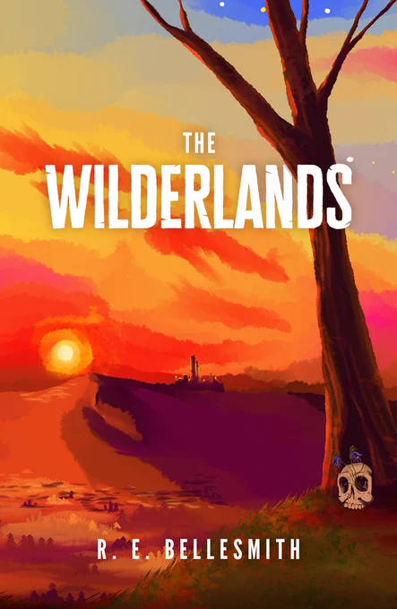 The covers has an orange sunset background.  In the forefront to the right, there is a bare tree. At the base of the tree is a skull with blue flowers growing through the eye sockets.  In the distance is a silhouette of some ruins.  