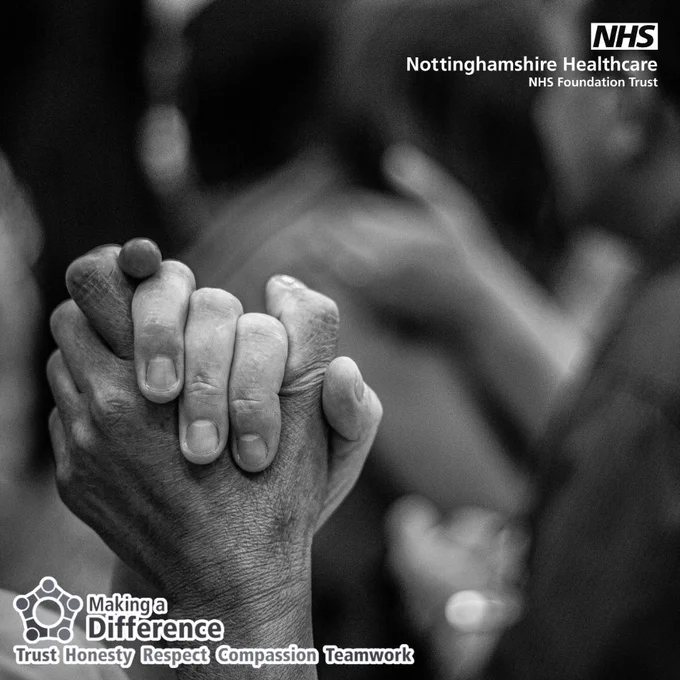 Photograph of two people holding hands compassionately. The Trust's logo and values are displayed - 'Making a difference, Trust, Honesty, Respect, Compassion, Teamwork'