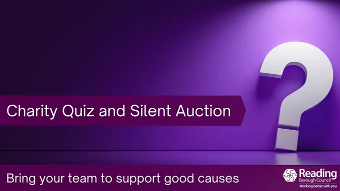 A question mark on a purple background. The text reads: Charity Quiz and Silent Auction. Bring your team to support good causes