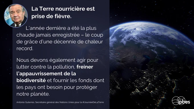 Une image de médias sociaux montrant une vue de la Terre depuis l'espace à droite, avec la courbure de la planète, les océans bleus, les nuages blancs et les lumières des villes visibles sur le côté sombre. À gauche, le texte en français indique : "La Terre nourricière est prise de fièvre. L'année dernière a été la plus chaude jamais enregistrée – le coup de grâce d'une décennie de chaleur record. Nous devons également agir pour lutter contre la pollution, freiner l'appauvrissement de la biodiversité et fournir les fonds dont les pays ont besoin pour protéger notre planète. - António Guterres, Secrétaire général des Nations Unies pour la #JournéeDeLaTerre". Une photo de profil circulaire apparaît en haut à gauche, et le logo IPBES est affiché en bas à droite. L'image combine ce message environnemental avec une saisissante photographie de la Terre vue de l'espace sur fond noir.