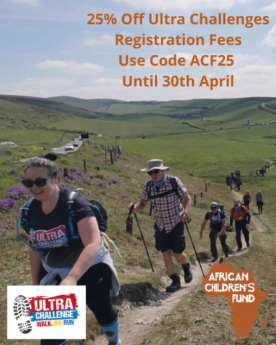 A line of walkers on a coastal path, with a lady at the front wearing a black Ultra Challenges t-shirt and a man behind in a checked shirt with walking poles. Text reads "25% off Ultra Challenges Registration Fees; Use Code ACF25 Until 30th April".