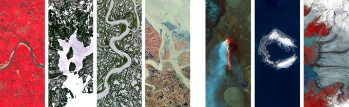 The words "NASA ICE" spelled out in Landsat imagery of Earth from space. The N is lowercase, created by a green meandering river arching through a bright red landscape in an enhanced color image. The first A is capitalized, created by snow on a green field. The S is a river winding through green landscape dotted with small silver lakes. The second A is capitalized, created by a river delta branching out as it flows to the sea. The I is a straight line of lava burning bright orange against a green landscape, emitting a plume of smoke. The C is a caldera island, with the land at the 3 o'clock position sunk into the dark ocean. The E is capitalized, created by brown dirt exposed in a glacial alluvial plain. 
