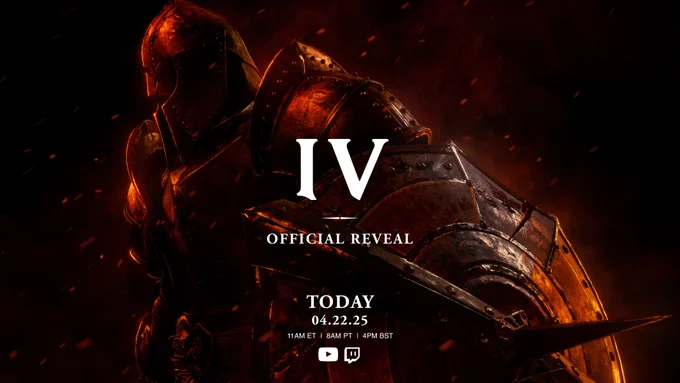 Smoldering orange and red embers reflect in the eye of an armored Hero. White numerals in the center of the image read out "4". Below the text on the image reads "Today, 04.22.25." "11am ET, 8am PT, 4pm BST" on Bethesda's YouTube and Twitch channels.
