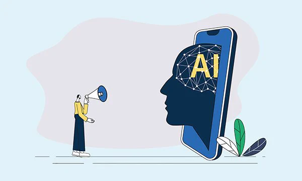 Small person with megaphone talking to a head sticking out of a tablet with the initials AI at the top. Is intended to illustrate an article on the use of AI.