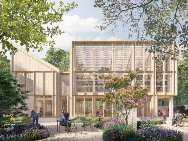 A drawing of a new hospital building with trees outside and people sitting on benches