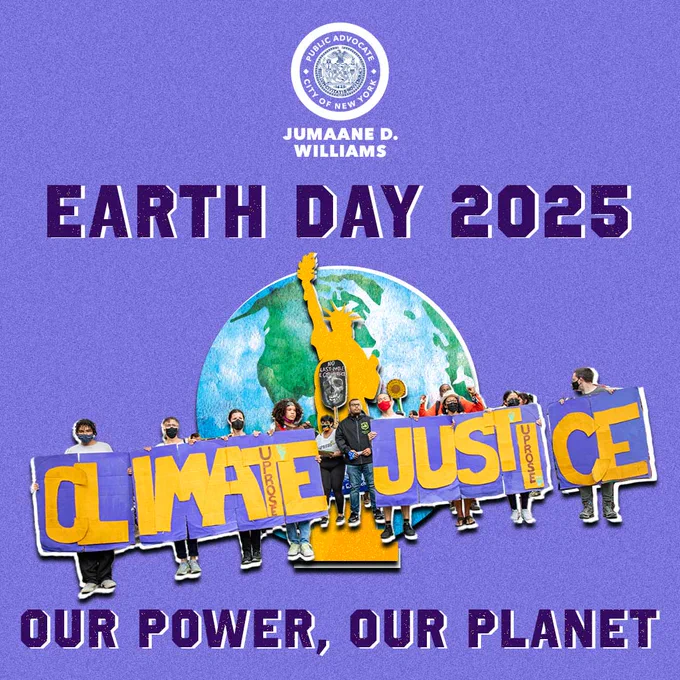 Graphic with purple background, a globe, the Statue of Liberty, and a collaged cutout of marchers holding a large "Climate Justice" sign. Text: Earth Day 2025. Our Power, Our Planet