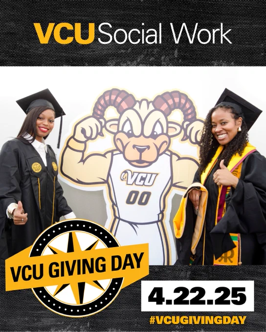 VCU Social Work. VCU Giving Day. 4.22.25. #VCUGIVINGDAY. Two graduates in caps and gowns give a thumbs up as they stand next to a cutout of mascot Rodney the Ram.