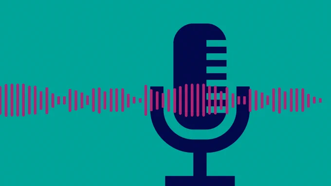 Icon image of a microphone with sound waves moving across the front of the microphone.