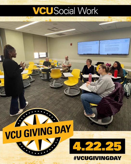 VCU Social Work. VCU Giving Day. 4.22.25. #VCUGIVINGDAY. An instructor stands and gestures to a classroom of five seated students.