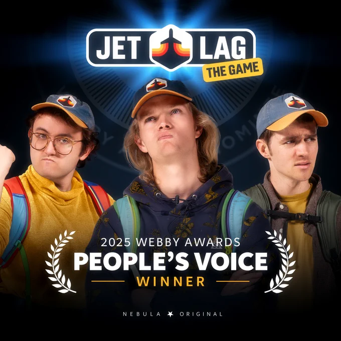 Ben Doyle, Sam Denby, and Adam Chase in Jet Lag hats underneath the Jet Lag logo with branding overlaid that says, "2025 Webby Awards People's Voice Winner.